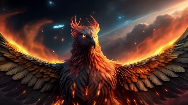 Fire phoenix rising with wings open, ave fenix bird flying in flames