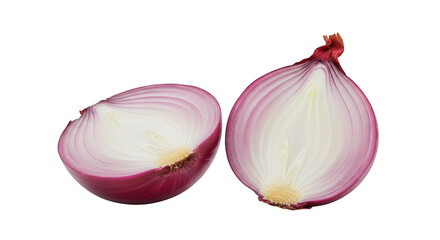 Close-up of halved red onion with concentric rings on transparent background