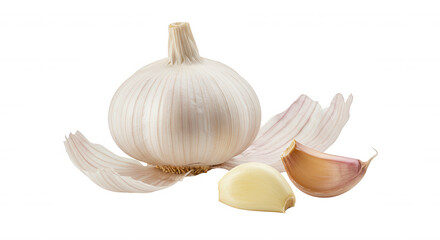 Garlic bulb and cloves with one peeled clove on transparent background