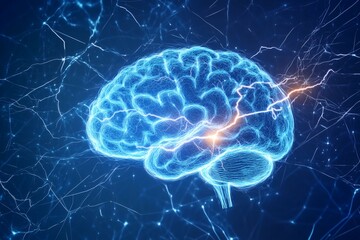 Fototapeta premium Vibrant Digital Rendering of a Human Brain Pulsating with Orange Energy at its Core, Surrounded by Electric Blue Neural Connections and Lightning Strikes, Representing Thought and Innovation