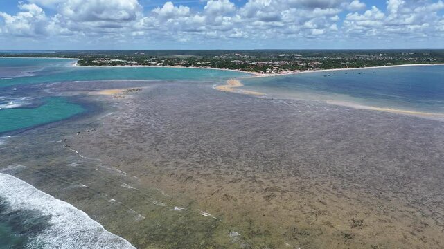 Coroa Vermelha Beach At Santa Cruz Cabralia Bahia Brazil. Aerial View Of Stunning Beach With Crystal Clear Waters. Shore Clouds Sky Beach Sea. Shore Panorama. Santa Cruz Cabralia Bahia.