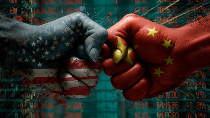 US vs China Arm-Wrestling with Stock Market Background