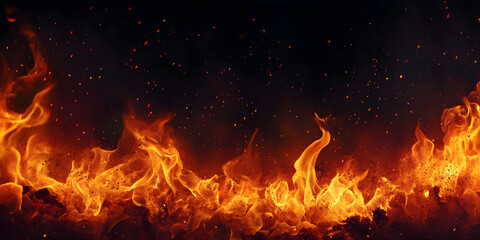 Obraz premium Inferno: A fiery inferno rages, a mesmerizing dance of orange and yellow flames against a backdrop of deep black.