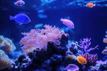 Obraz premium Vibrant coral reef teeming with colorful fish in a captivating underwater scene.