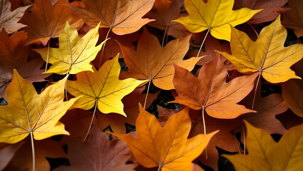 Fototapeta premium Close up of fallen leaves on ground in autumn covered in raindrops.