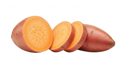 Three sliced sweet potatoes arranged diagonally on transparent background