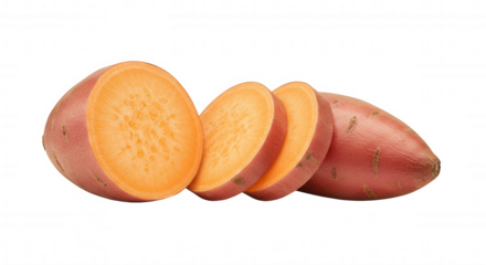Three sliced sweet potatoes arranged diagonally on transparent background