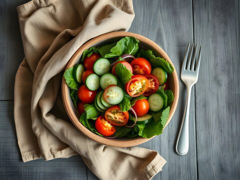 High angle of ceramic bowl with tasty healthy salad and vegetables placed with sliced cucumber and tomato with cutlery and fabric over gray table