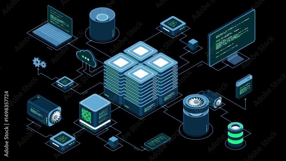 Poster Isometric computer technology animation. Computation of big data center. Cloud computing. Online devices upload and download information. Transparent background with alpha channel