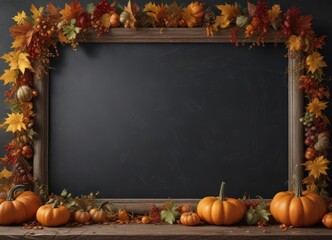 Rustic chalkboard frame overflowing with various sized pumpkins & gourds, autumn leaves ,  vintage,  gourd harvest