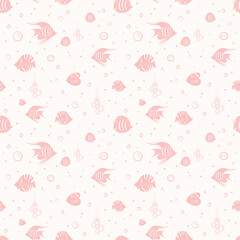 Hand drawn nautical pattern in pink. Fish, bubbles in a repeating seamless pattern with sea life.