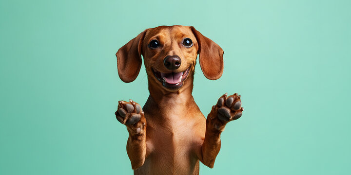 Playful Dachshund Posing: A charming, smooth-haired dachshund puppy captivates the viewer with its playful gesture, offering an adorable and heartwarming scene.