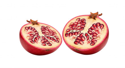Two halved pomegranates with deep red arils on transparent background