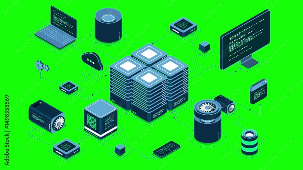 Poster Isometric computer technology animation. Computation of big data center. Cloud computing. Online devices upload and download information. 4K video animated in isometric style
