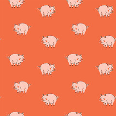 Seamless pattern with cute cartoon pigs on a coral background. Suitable for children's textiles, wallpaper, packaging, agricultural themes, Vector illustration