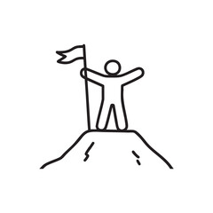  Man Standing on Mountain Peak Holding Flag - Success and Achievement Line Icon