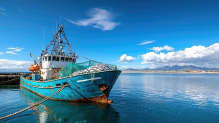 Naklejka premium Fishing Boat at Harbor, Daytime, Coastal View