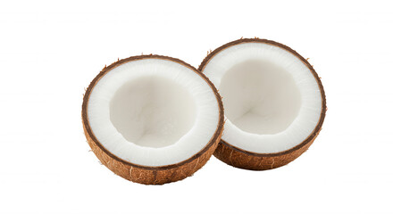 Halved coconut with white flesh and brown shell on transparent background