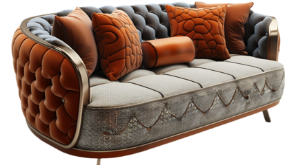 Vibrant velvet lounge couch with deep tone pillows isolated on transparent background