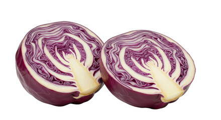 Two halves of red cabbage with concentric layers on transparent background