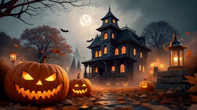 Cute halloween background haunted house with pumpkins and moon sky