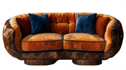 Colorful modern sofa with curved wooden arms isolated on transparent background