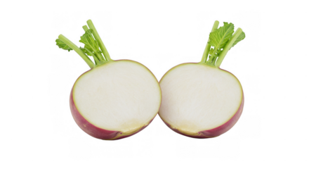 Two halved turnips with green leafy tops on transparent background