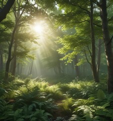 Obraz premium Lush green forest with sunlight dappling through leaves, branches, shadow, ecology