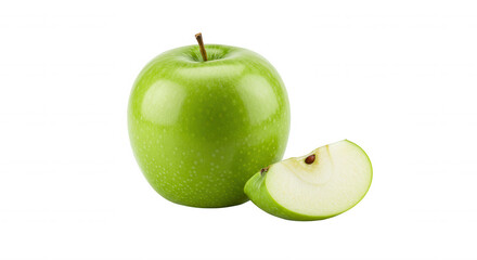 Single green apple with slice on transparent background