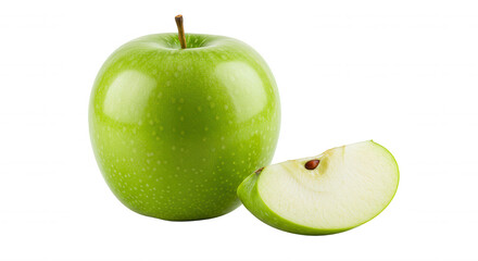 Close-up of a vibrant green apple with slice and transparent background