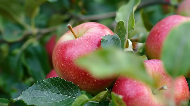 Close Up of Ripe Red Apples on a Tree with Vibrant Green Leaves in Bright Outdoor Lighting with Some Ai Anomaly