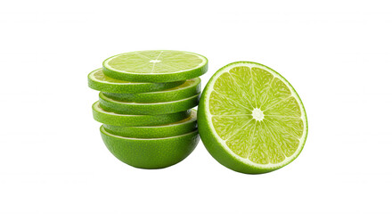 Stack of six whole limes with one halved lime on transparent background