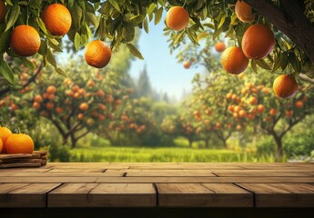Oranges hanging from trees over a wooden table