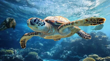 Fototapeta premium Graceful sea turtle navigating the coral reef, showcasing ocean life