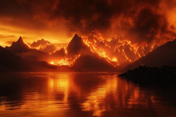 Fiery mountain range reflected in a lake at sunset.  A dramatic landscape, ablaze with fiery orange and red hues, showcasing a mountain range engulfed in flames, reflected in a still lake. 