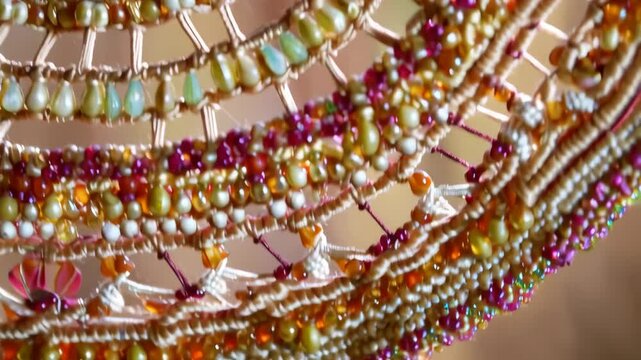 Macro image displays intricate beadwork with a blend of pastel and vibrant colored glass beads and golden thread netting, creating a unique textured pattern
