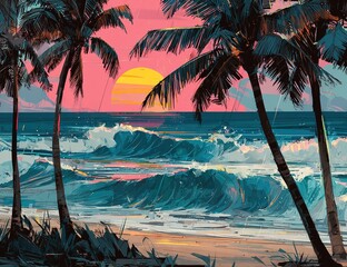 Pixel Art Sunset Beach Scene With Palm Trees