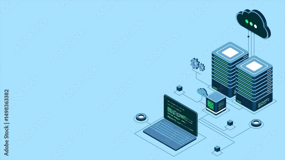 Poster Isometric computer technology animation. Computation of big data center. Cloud computing. Online devices upload and download information. 4K video animated in isometric style