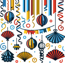 Colorful Vector Party Decorations with Hanging Lanterns, Paper Fans, Streamers, and Confetti on White Background