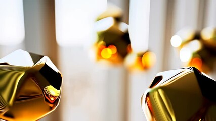 Golden geometric solids with reflective surfaces floating in a soft abstract background with bokeh elements. - Powered by Adobe