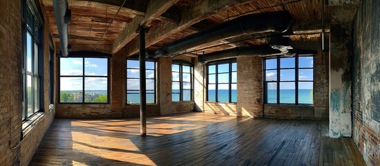 Obraz premium Abandoned Industrial Building Interior With City View