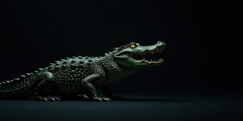 Naklejka premium A menacing reptile model with scaled skin and glowing eyes, positioned in a low-key dramatic setting, subtly illuminated, evokes a sense of mystery and primal power.
