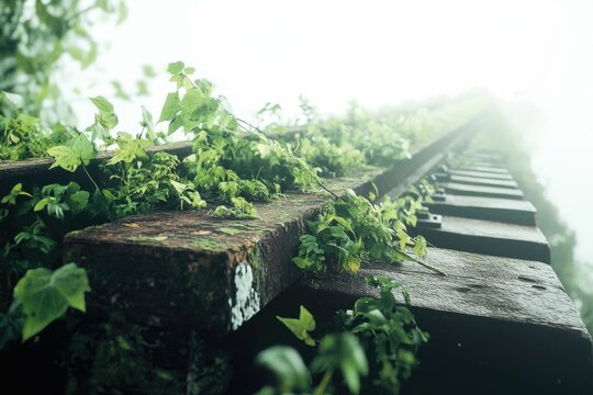 Overgrown railway tracks vanish into misty distance, nature reclaiming man-made structures.