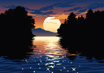 Stunning river sunset illustration with silhouette of trees in the background