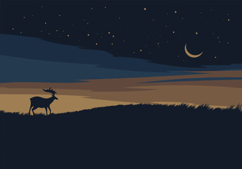 Minimalist fantasy night sky illustration with an elk, moon and stars