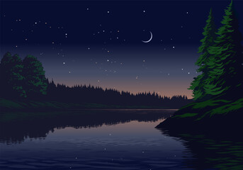 Beautiful breathtaking night landscape with river, forest, moon and stars