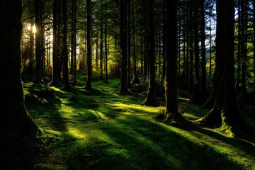 Obraz premium Forest Sunlight Path Through Mossy Ground