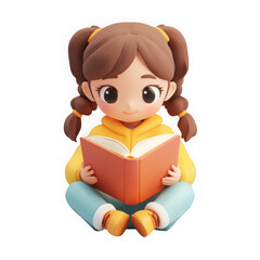 Fototapeta premium Cute Cartoon Girl Reading Book isolated on white png transparent background 