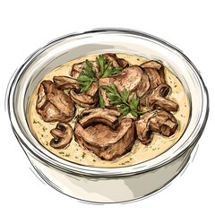 Detailed hand drawn sketch of pork in creamy mushroom sauce for culinary design projects