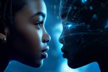 African female teen contemplating futuristic digital reflection
